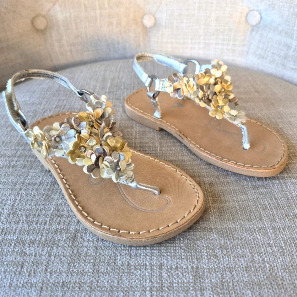 Seven 7 Girl's Shoes Gold & Silver Floral Embellished Slingback Sandals Size 8